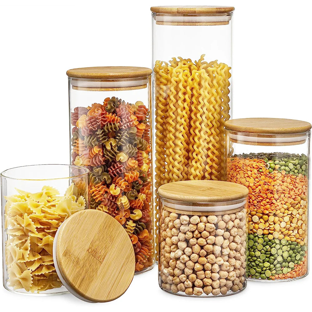 Set Bocaux en Verre & Couvercles Bambou – 300ml, 550ml & 950ml