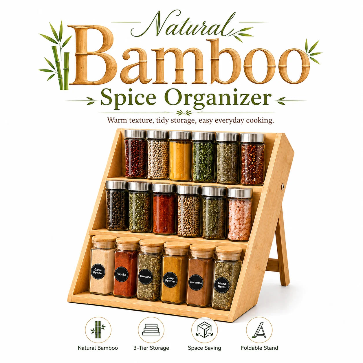 Étagère À Épices en Bambou – 3 Niveaux Pliable, Plan de Travail