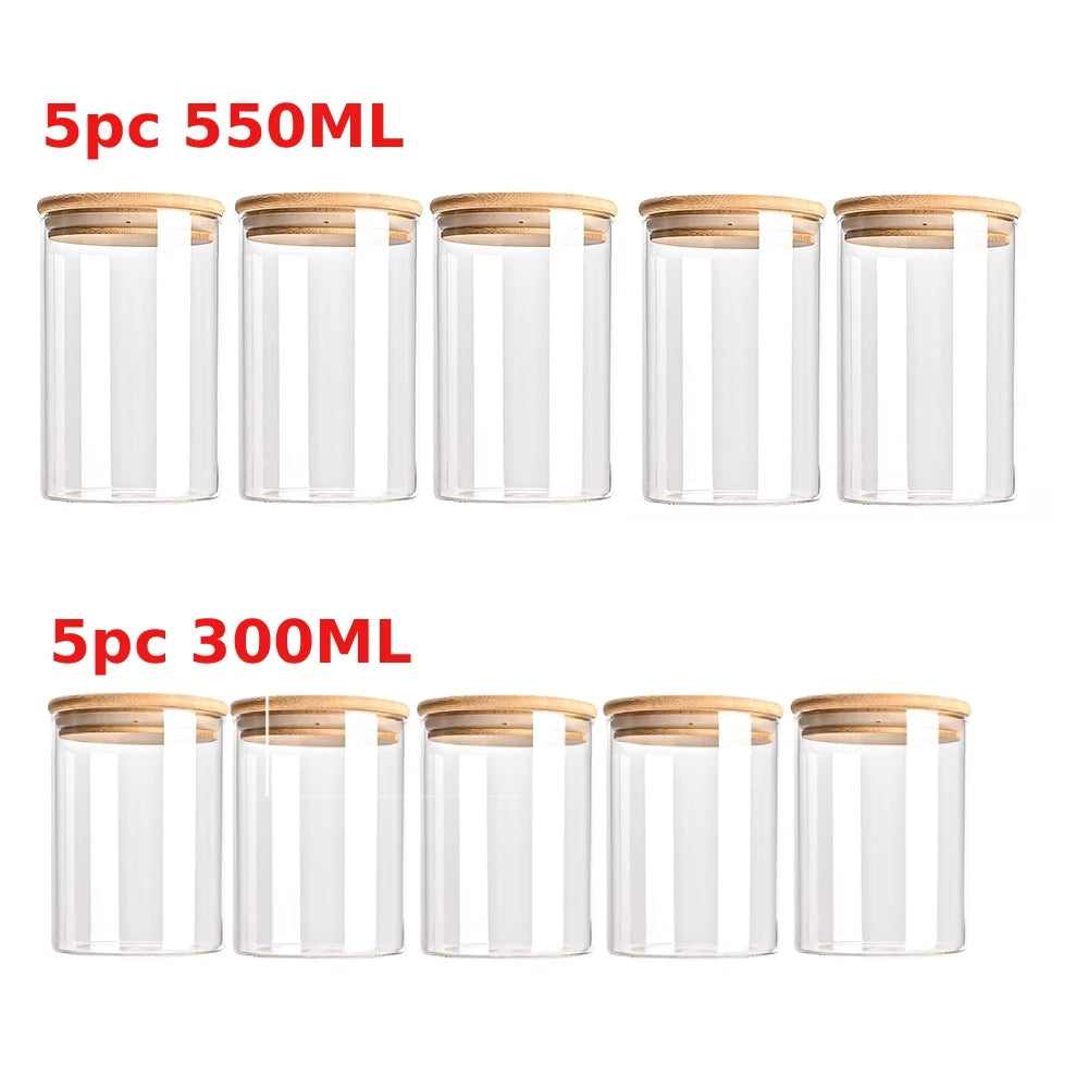 Set Bocaux en Verre & Couvercles Bambou – 300ml, 550ml & 950ml