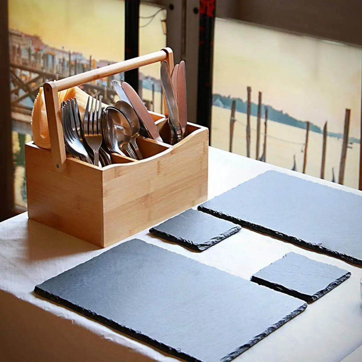 Panier Organisateur en Bambou – 4 Compartiments, Poignée Portable