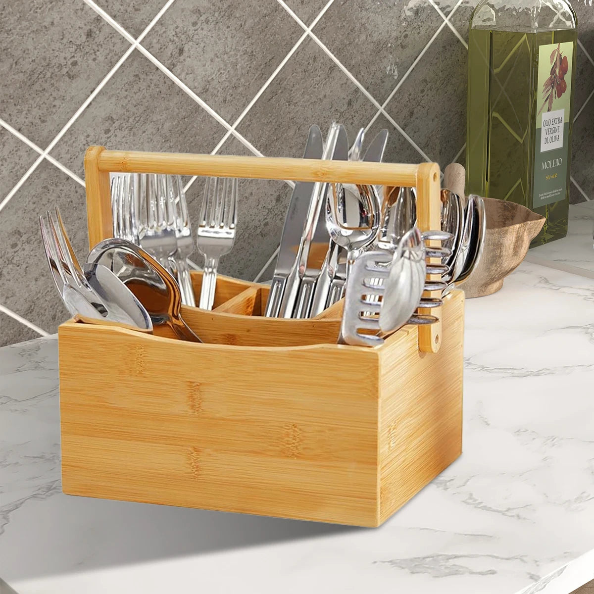 Panier Organisateur en Bambou – 4 Compartiments, Poignée Portable