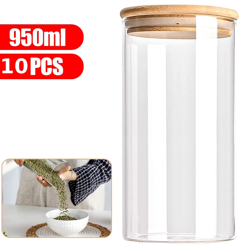 Set Bocaux en Verre & Couvercles Bambou – 300ml, 550ml & 950ml