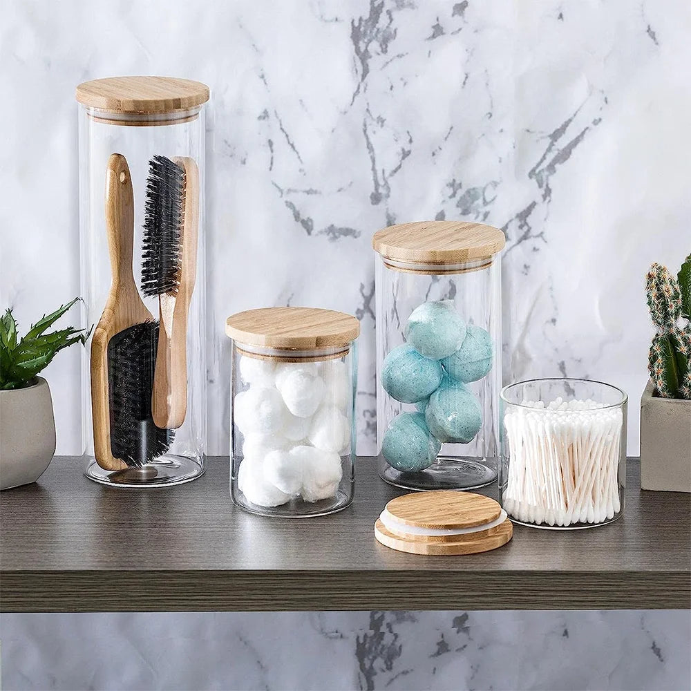 Set Bocaux en Verre & Couvercles Bambou – 300ml, 550ml & 950ml