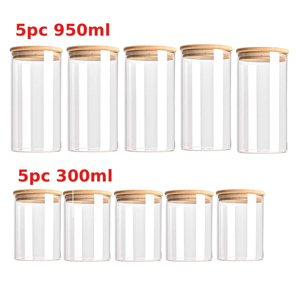 Set Bocaux en Verre & Couvercles Bambou – 300ml, 550ml & 950ml