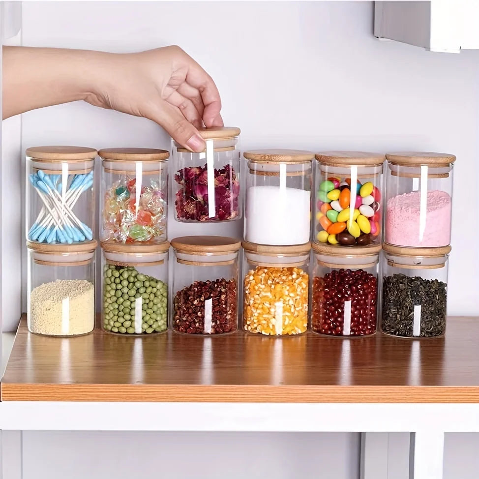 Set 12 Bocaux en Verre 240ml – Couvercles Bambou Hermétiques