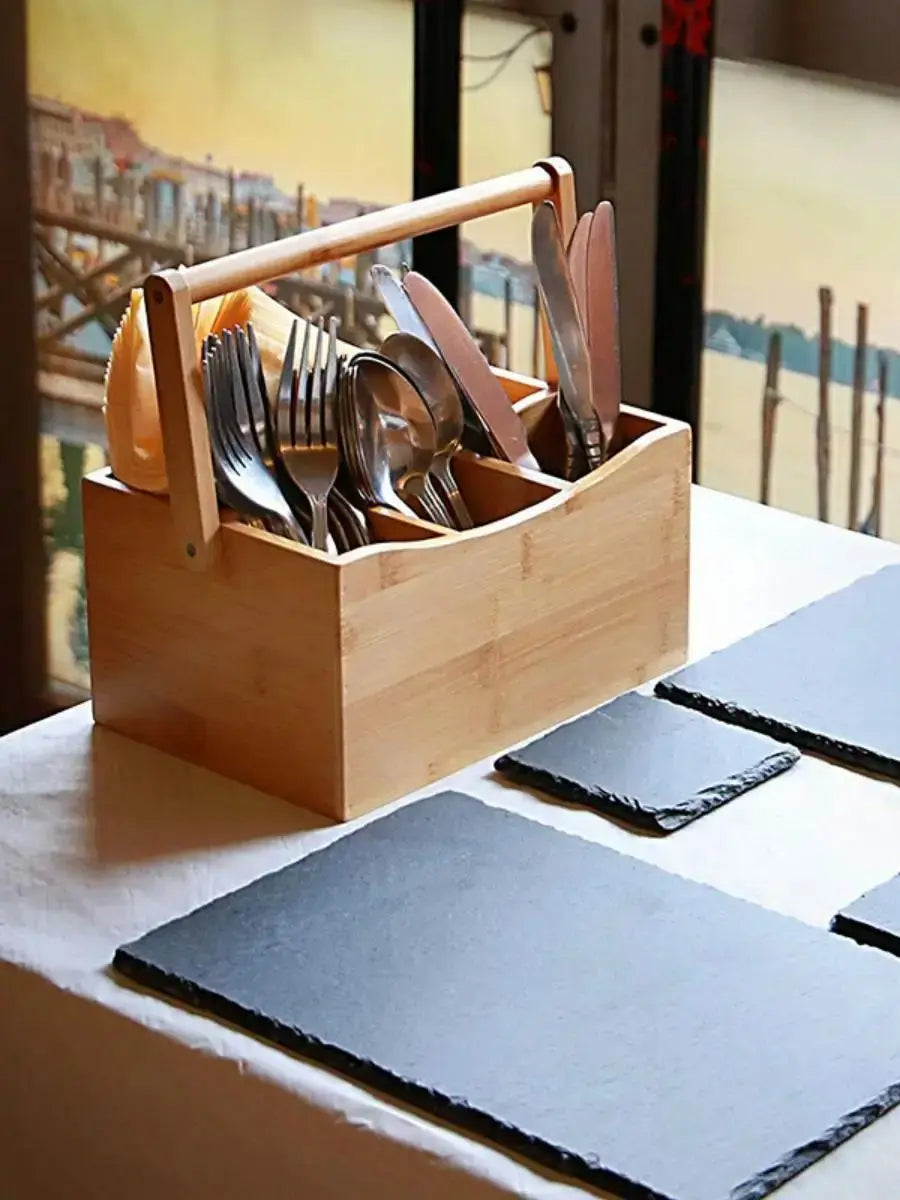 Panier Organisateur en Bambou – 4 Compartiments, Poignée Portable