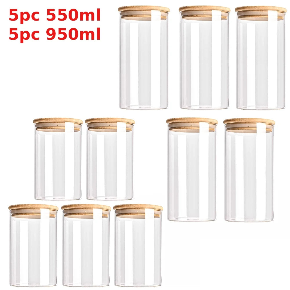 Set Bocaux en Verre & Couvercles Bambou – 300ml, 550ml & 950ml